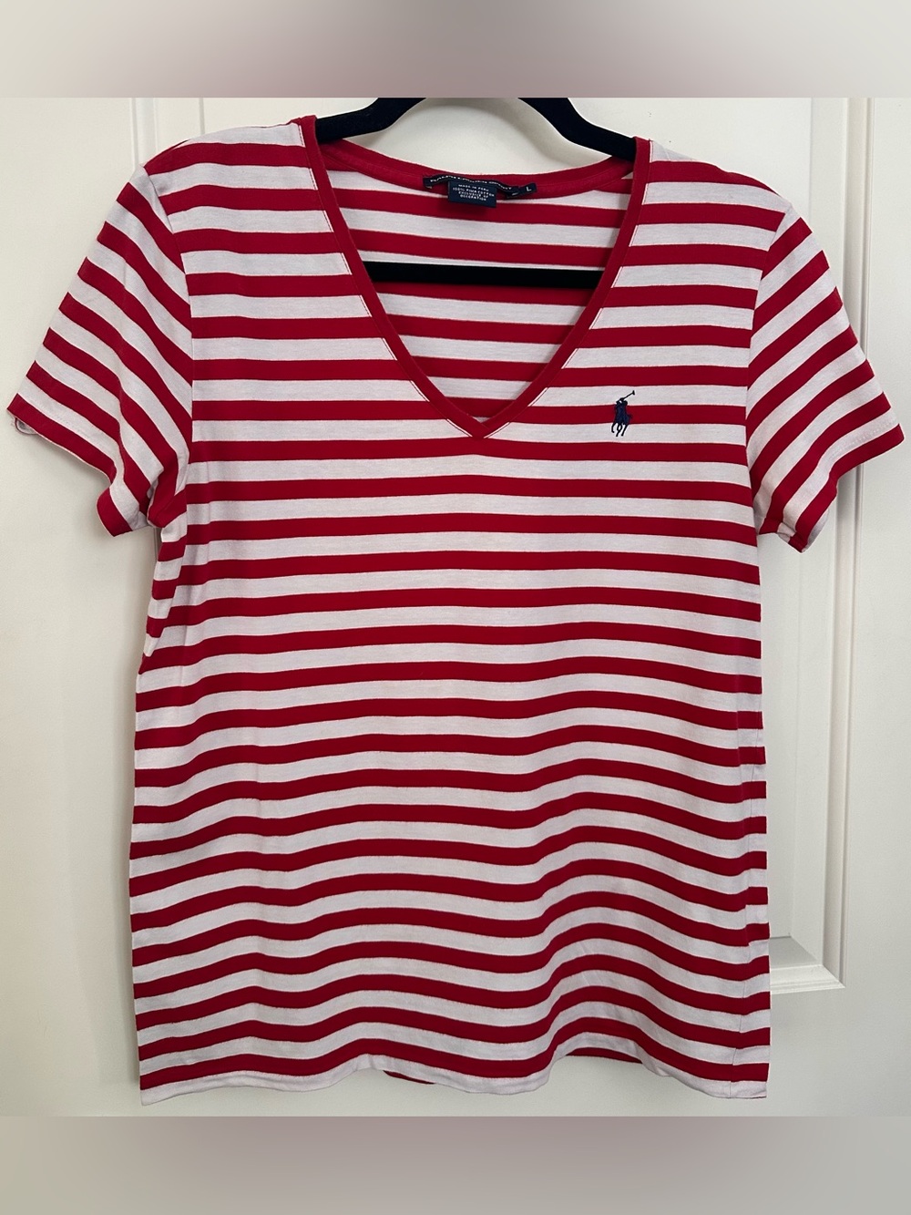 Polo Ralph Lauren Sport Red White Striped V Neck Tee Shirt Large Pima Cotton